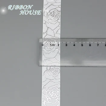 (10 metrų/lot), 22mm gėlių Baltoji Karšto štampavimo sidabro folija grosgrain kaspinu dovana vestuvių juostelės ritinys