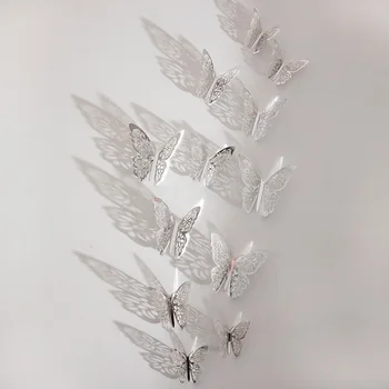 12pcs/set 3D drugelis sienų lipdukai, vestuvių dekoravimas, langų šaldytuvas lipdukai namų puošybai aukso, sidabro drugelis