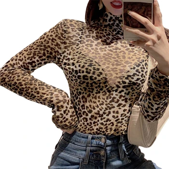 2020 Mados Moterų Leopard Gyvūnų Spausdinti Akių Aukštos Apykaklės Seksualus Plonas naktinis klubas Šalies Perspektyvos Viršūnes ilgomis Rankovėmis marškinėliai Tee