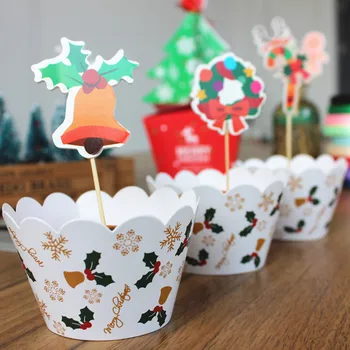 24pcs Kalėdų Dekoracijas Cupcake Pyragas Topper vyniojamąjį popierių Kirtikliai Laimingų Naujųjų Metų Navidad 