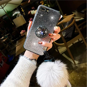3D Prabangūs blizgučiai diamond stovo laikiklį pūkų kamuoliuką silicio telefono dėklas skirtas iphone 11 XR XS MAX Pro 7 8 plius 