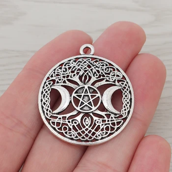 5 x Tibeto Sidabro Triple Mėnulio Deivės Wicca Pentagram Magic Celtics Amuletas Medžio Pakabukai Karolius, Papuošalai Priėmimo 35mm