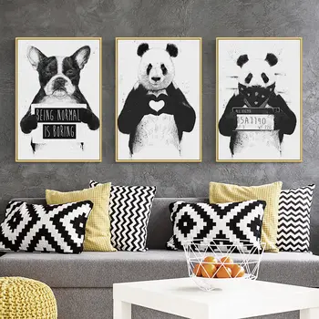 Animacinių Filmų Gyvūnų Namų Dekoro Šiaurės Drobės Tapybos Sienos Menas Spausdinti Mielas Panda Šuo Plakatas Kambarį Minimalistinė Juoda Balta Nuotrauka
