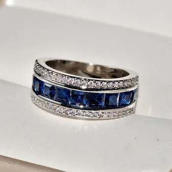 Autentiškas 925 sterlingas sidabro Piršto Žiedai su Apvalus mėlynas Kvadratas Kubinių Cirkonio Kristalų pločio Žiedas Moterims Vestuvių Papuošalai