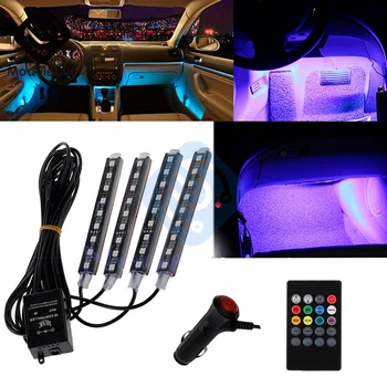 Auto Interni RGB Spalvų 9 LED Šviesos Juostelės Rinkinys Belaidžių Muzikos Valdymas Automatinis Valdiklis 7 spalvą Atmosfera
