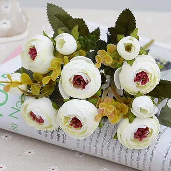 Balta šilko arbatos rožės dirbtinės gėlės nuotaka maža puokštė vestuvių namų puošybai aukštos kokybės padirbtų gėlės, rožės puokštė