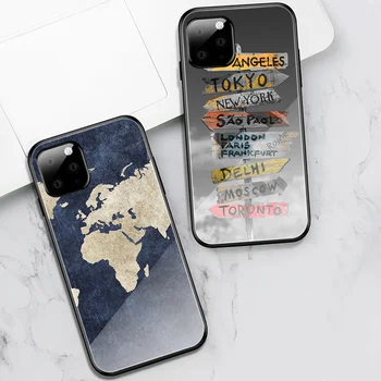 Ciciber Pasaulio Žemėlapį Kelionės Atveju Iphone, 11 atveju Iphone, 11 XR Pro XS MAX X 7 8 6 6S Plus SE 2020 Grūdinto Stiklo Dangtis Funda