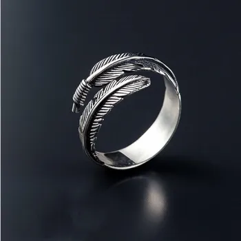Derliaus S925 Sterlingas Sidabro Žiedai Reguliuojamas Atidarymo Korėja Plunksnų lapų, Žiedai, Moterų ar vyrų Pareiškimą, Antikvariniai Žiedas
