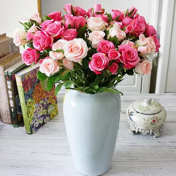 Dirbtinės rožės žiedai, vestuvių sienos netikrą žiedai balti namo apdaila plastikinių ilgai filialas, 5 vadovai pink rose šilko gėlės