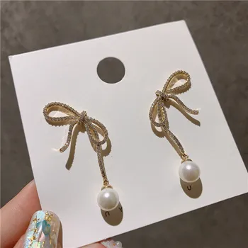 Dominuoja mados korėjos metalo Bowknot fine crystal pardavimo Lašas auskarai joker ilgai pearl modeliavimo Moterų auskarai Papuošalai naujas