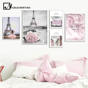 Eifelio Bokštas Mergina Sienos Menas Drobė Mados Plakatas Pink City Landscape Spausdinimo Tapybos Šiaurės Apdailos Nuotrauką Kambarį Dekoro