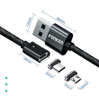 FONKEN USB C Magnetinio Kabelis, Mikro USB Laidas, Greito Įkrovimo iphone 3A 2m Mobiliojo Greitas Įkroviklis Magnetas Laidą 