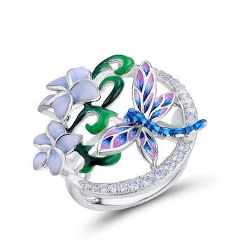 Grakštus Emalio Dragonfly Gėlių Dizainas Princesė Žiedas Žavinga Šalis Pokylių Papuošalai