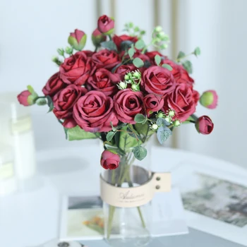 Gražus, Dirbtinės Gėlės Rožės su 3 Pumpurai Šilko Netikrą Gėlių, Vestuvių Namų Kambarį Stalo Apdailos Vainikas Priedai