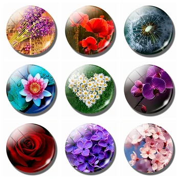 Gėlių 30MM Stiklo Šaldytuvo Magnetas Rose Kiaulpienių Aguonų Lotus Vyšnių Žiedų Orchidėja Daisy Lenta, Šaldytuvas Magnetai