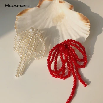 HUANZHI 2020 Nauja Raudona Balta Perlų Imitacija Kutas Didelis Bowknot Gėlių Tabaluoti Lašas Auskarai Moterims Šalis Vestuvių Papuošalai