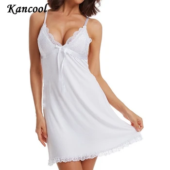 KANCOOL Sexy Lady Lingerie Kelnaitės Sleepwear Moterų Nėriniai, Šilko Satino Chalatas, Apatiniai Naktį Dress Dirželiai V kaklo Pižamą