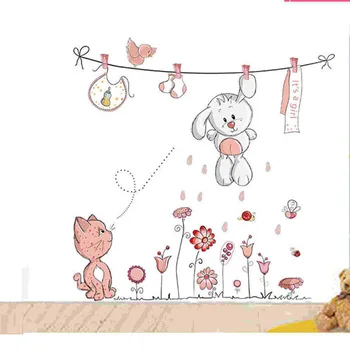 KARŠTA! Mielas Pink Cartoon Triušis Lokys Siena Lipdukas Kūdikių Mergaičių, Vaikų Kambariai, Namų Dekoro Meškiukas Skėtis Klasėje Sienos Lipdukai