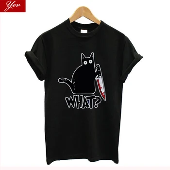 Katė su peiliu spausdinti marškinėlius moterų atsitiktinis juokingi marškinėliai moterims streetwear moterų prarasti naujovė moterys t-shirt cool marškinėliai, topai