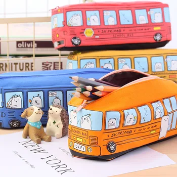 Kawaii Kūrybos Mokyklos Autobusas Formos Pieštuku Atveju Animacinių Filmų Gyvūnų Drobės Pieštuku Maišelį Didelės Talpos Dėžutė Mokyklos Reikmenys