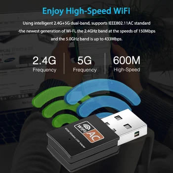 Kebidu Belaidis USB WiFi Adapter Dual Band 2.4&5.8 Ghz, 802.11 ac 600Mbps wi fi Antena KOMPIUTERIO Tinklo plokštė, usb, Lan Ethernet Imtuvas