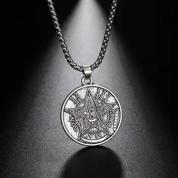 LIKGREAT Šėtonas Tetragrammaton Pentagram Pentacle Pakabukas Apvalus Karoliai Sidabro Spalvos Wicca Amuletas, Talismanas Papuošalai, Aksesuarai