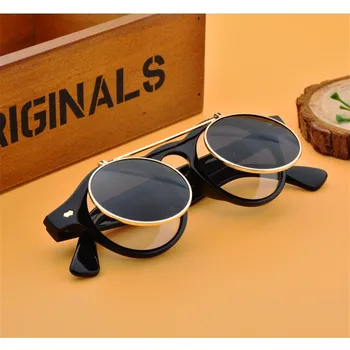 Mados steampunk aklas vyriški akiniai nuo saulės, dvigubo objektyvo turas ponios UV400 akiniai nuo saulės klasikinis retro prekės akiniai
