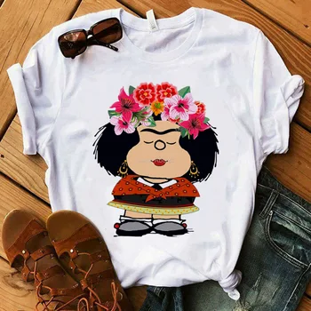 Mafalda T-shirt Moterims, Vasaros Harajuku Atsitiktiniai trumpomis Rankovėmis marškinėliai Streetwear O Kaklas Baltas Viršūnes Trišakis 90-ųjų Animacinių filmų Marškinėlius Femme Viršų