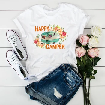 Moterims Gėlių Laimingas Kemperis Vacay Atostogų Mados Ponios Moterų Viršūnių Rūbų, Grafinis Moterų Marškinėliai Tumblr Marškinėliai T-shirts