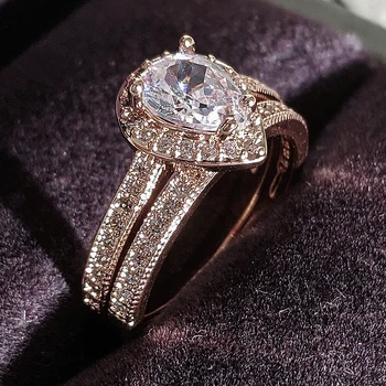 Naujas atvykimo prabanga rose aukso spalvos kriaušių vestuvinis žiedas rinkinys moterims lady jubiliejų dovana, juvelyriniai dirbiniai didmeninė Juodasis penktadienis R5870