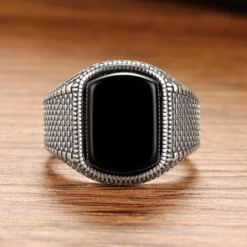 Naujas originalus sidabro geometrinis inkrustacijos juodasis agatas didelis valdinga perdėti žiedas nišą dizaino vyriški atidarymo reguliuojamas papuošalai