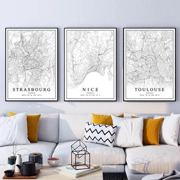 Prancūzija Miesto Žemėlapį Paryžius-Lionas Marselio Monpeljė Gražus Strasbūre Tulūza Plakatai, Drobė Paveikslų Spaudinių Namų Interjero Puošimas