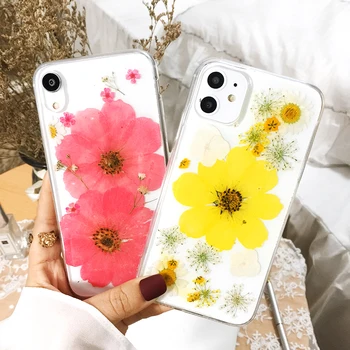 Qianliyao Nekilnojamojo džiovintų gėlių telefono dėklas skirtas iphone 12 11 pro max X XS XR 7 8 plius 6 6s SE gamtos amatų gėlių minkštas viršelis