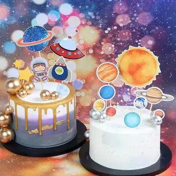 Space Serijos Astronautas Planetos UFO Raketų Mėnulis Pyragas Topper Desertas Apdailos Happy Birthday Party Vaikų Diena, Mielas Dovanas