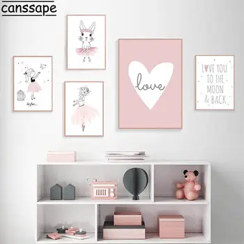 Vaikų Kambario Plakatas Pink Rabbit Vaikų Plakato Kūdikio Kambario Dekoro Vaikų Darželio Sienos Meno Tapybos Drobės Spausdina Baleto Mergina Miegamojo Nuotrauką