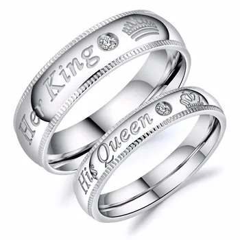 Valentino dienos dovana Kristalų Pora Žiedas jos Karalius, Karalienė užrašu Žiedas vestuvių apvalūs žiedai, Sidabro Spalvų Papuošalai moterims ir vyrams