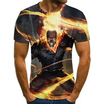 Vyrai Kaukolė T marškinėliai Mados Vasaros trumpomis Rankovėmis Ghost Rider Cool T-shirt 3D Kaukolė Spausdinti Viršūnes Roko Gaisro Kaukolė Marškinėlius Vyrams