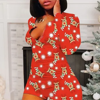 WENYUJH 2020 m Seksuali Moteris Rompers Kalėdų Spausdinti Pižama Sleepwear V-Kaklo, ilgomis Rankovėmis Trumpą Jumpsuit Seksualus Onesie Moterų naktiniai drabužiai