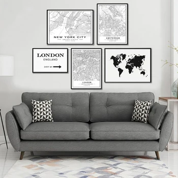 Šiuolaikinės Niujorko, Paryžiaus, Londono City Pasaulio Žemėlapiai, Pagal Užsakymą Pagaminti Juoda Balta Drobė Paveikslų, Plakatų Spausdinimo Sienos Paveiksl Namų Dekoro